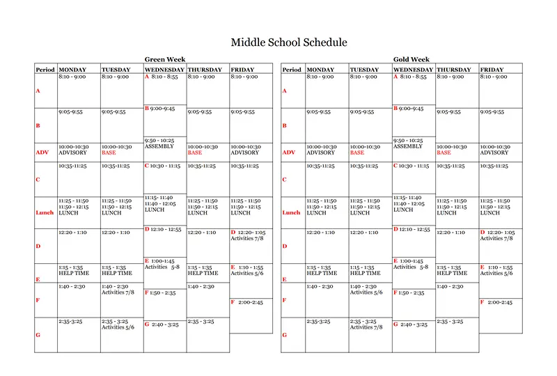 Photo of a middle school schedule